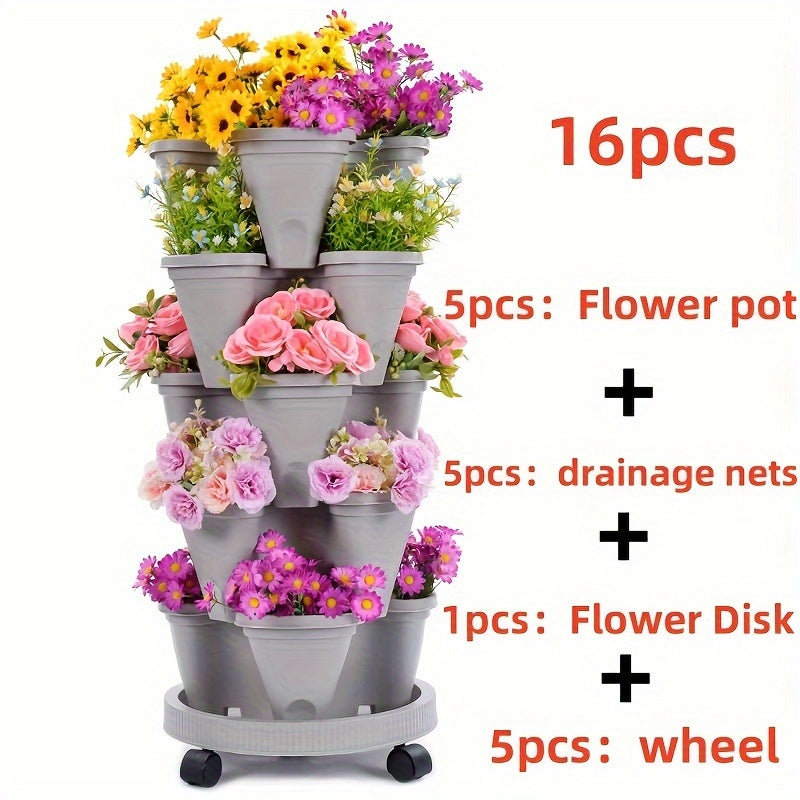 16pcs 5-Layer Stackable Flower Pots with Wheels and Tools for Indoor Outdoor Gardening