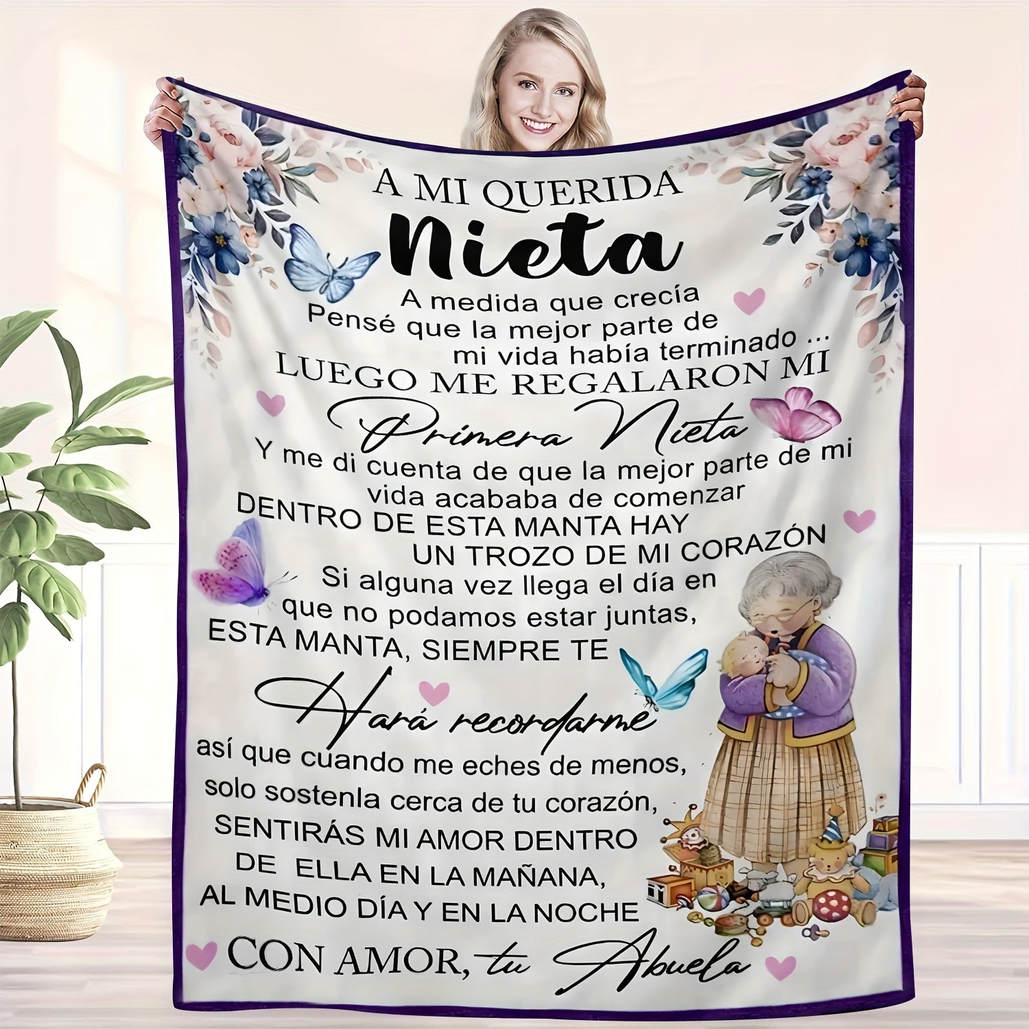 Ultra-Soft Flannel Throw Blanket with Heartwarming Message Purple Floral Butterfly Design All-Season Comfort Gift