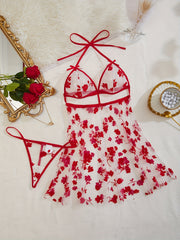 Women's Floral Mesh Lingerie Set with Deep V Slip Dress and Thong