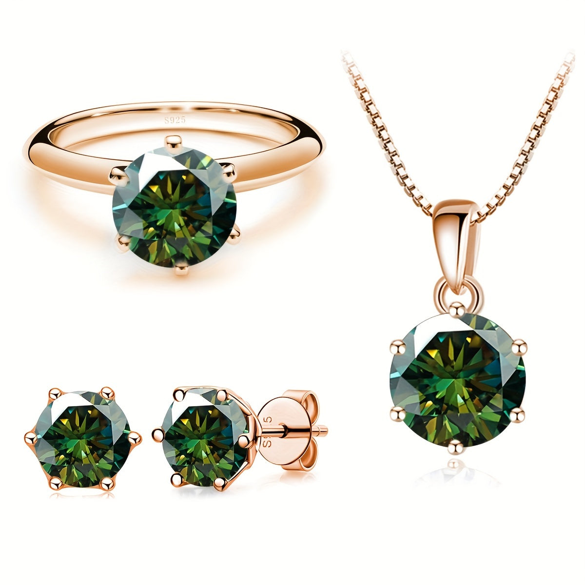 Комплект ювелирных изделий из серебра 925 пробы с 4-частной ожерельем из моиссанита, 1-частным кольцом из моиссанита и 2-частными серьгами из моиссанита, доступный в различных цветах. Поставляется в подарочной коробке.