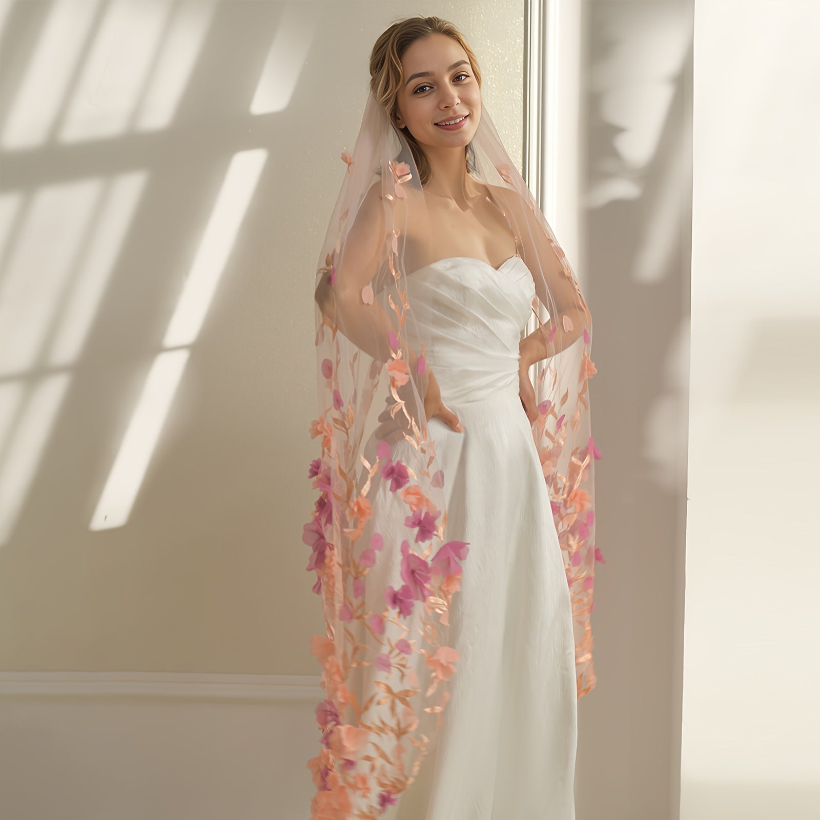 Women's Romantic Floral Lace Bridal Veil Single Layer Wedding Headpiece with Flower Accents