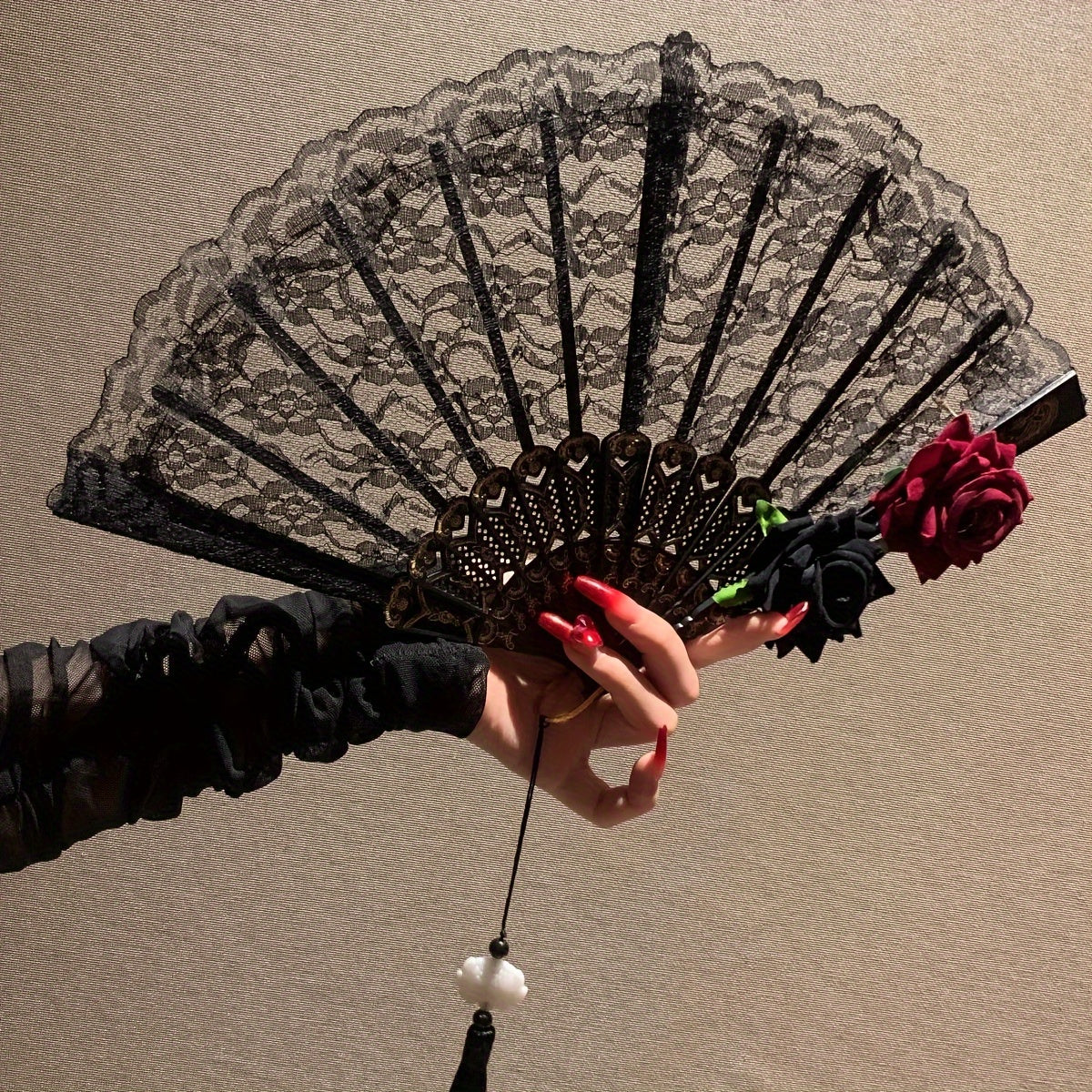Black Folding Fan with Rose Lace Design for Weddings Parties and Gifts