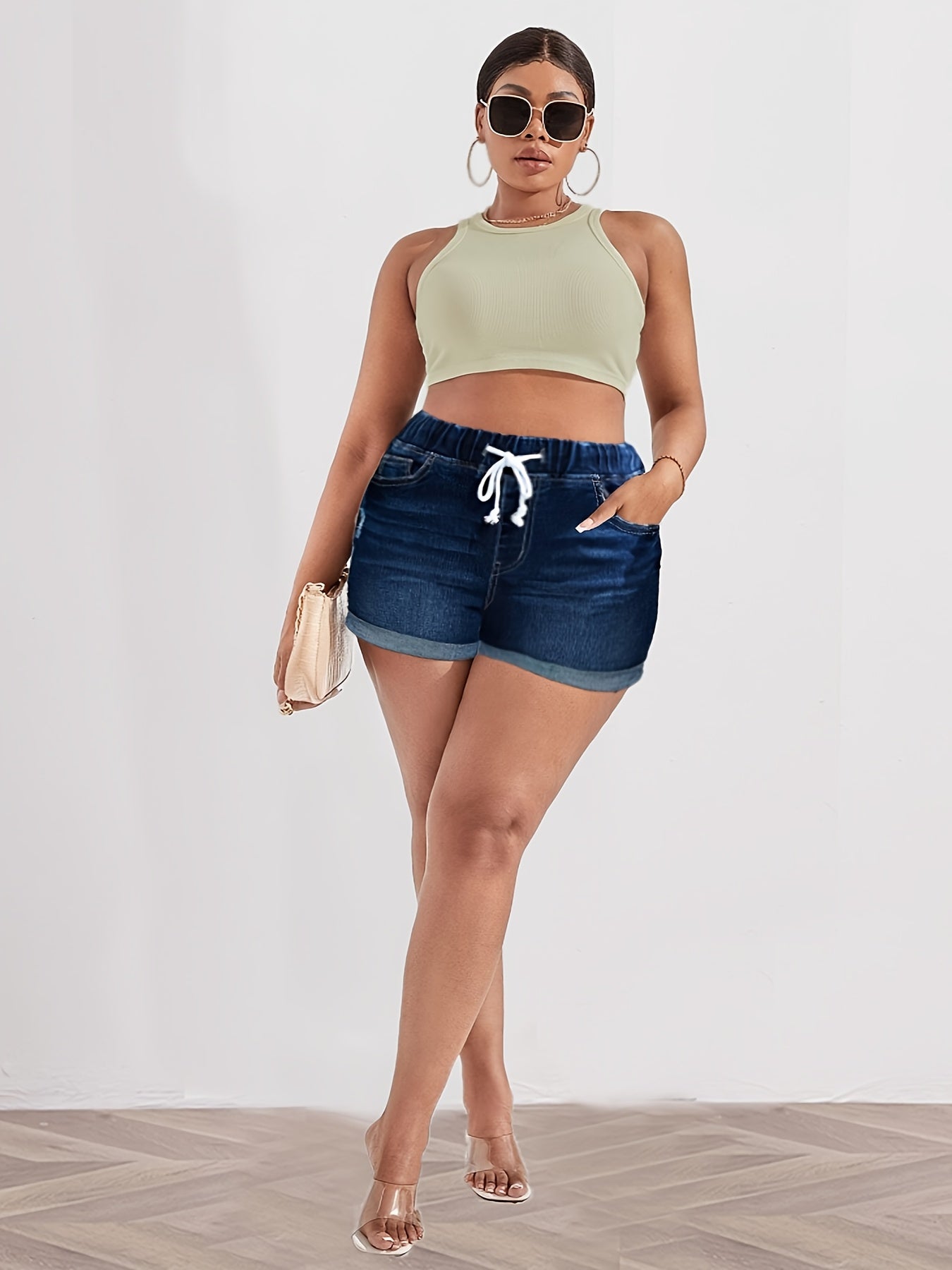 Plus Size Women's Blue Elastic Waist Drawstring Stretch Shorts