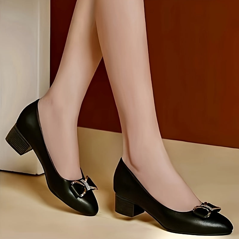 Women's Black Pointed Toe Block Heel Pumps with Sparkling Bow for Work and Formal Events