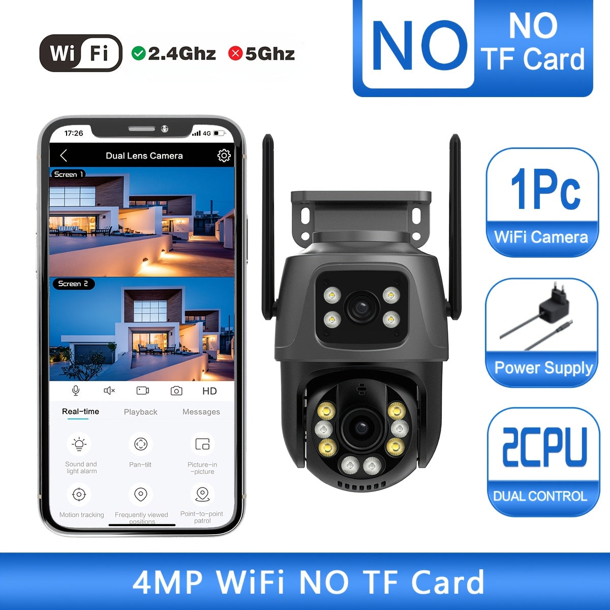 ANSCHIAT Tashqi Xavfsizlik Kamerasi 2 ta juft 4MP linzalari, WiFi ulanishi, harakatni aniqlash, 360° aylanish, ikki tomonlama aloqa, to'liq rangli tungi ko'rish va saqlash mosligi bilan. Yevropa Ittifoqi