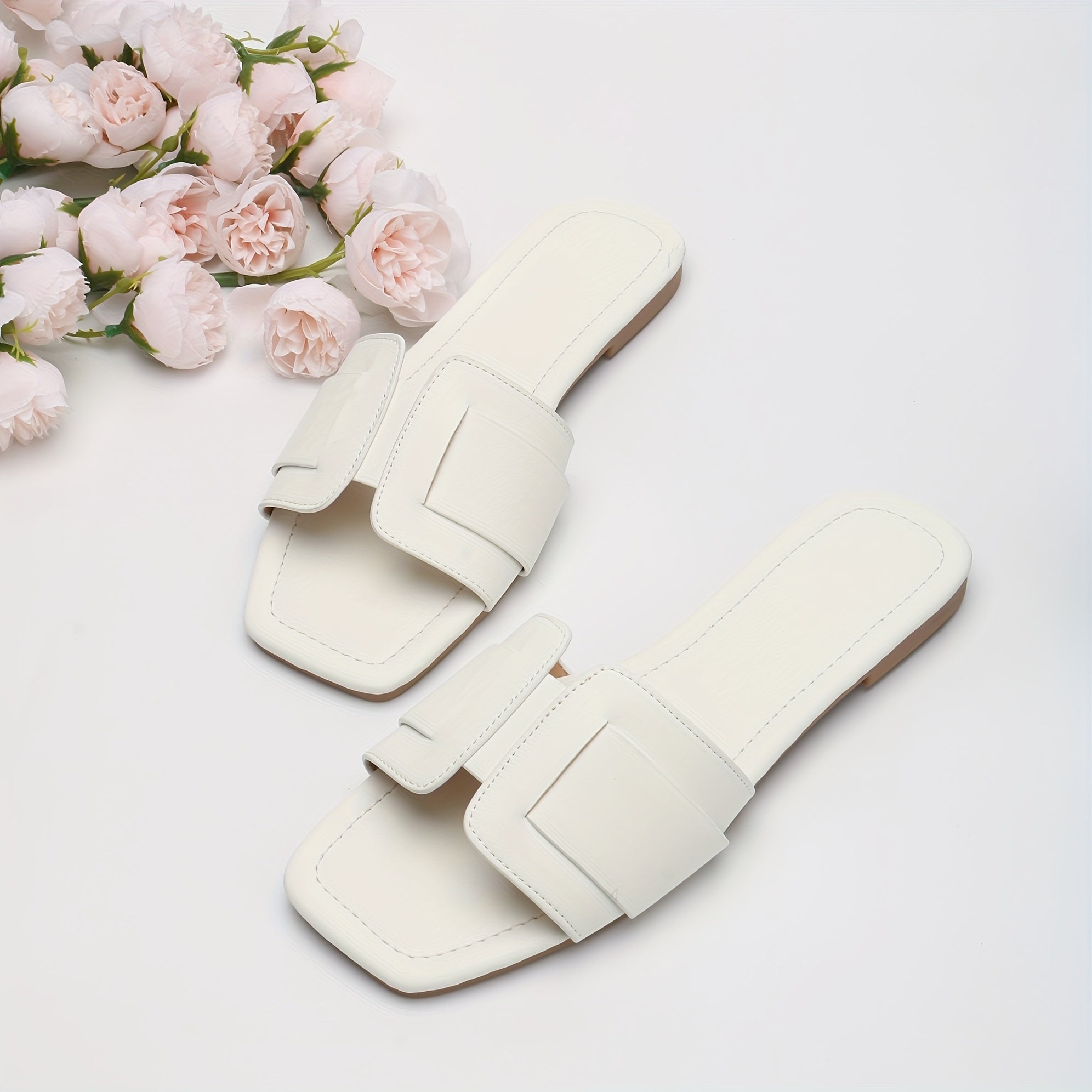 Women's Beige Flat Open Toe Sandals Slip-On Buckle Strappy Casual