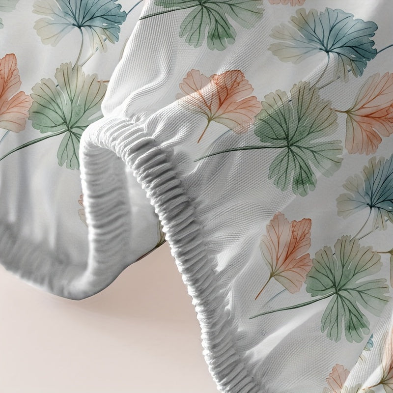Leaf Print Fitted Sheet Deep Pocket Brushed Cotton Bed Sheet for Bedroom or Guest Room