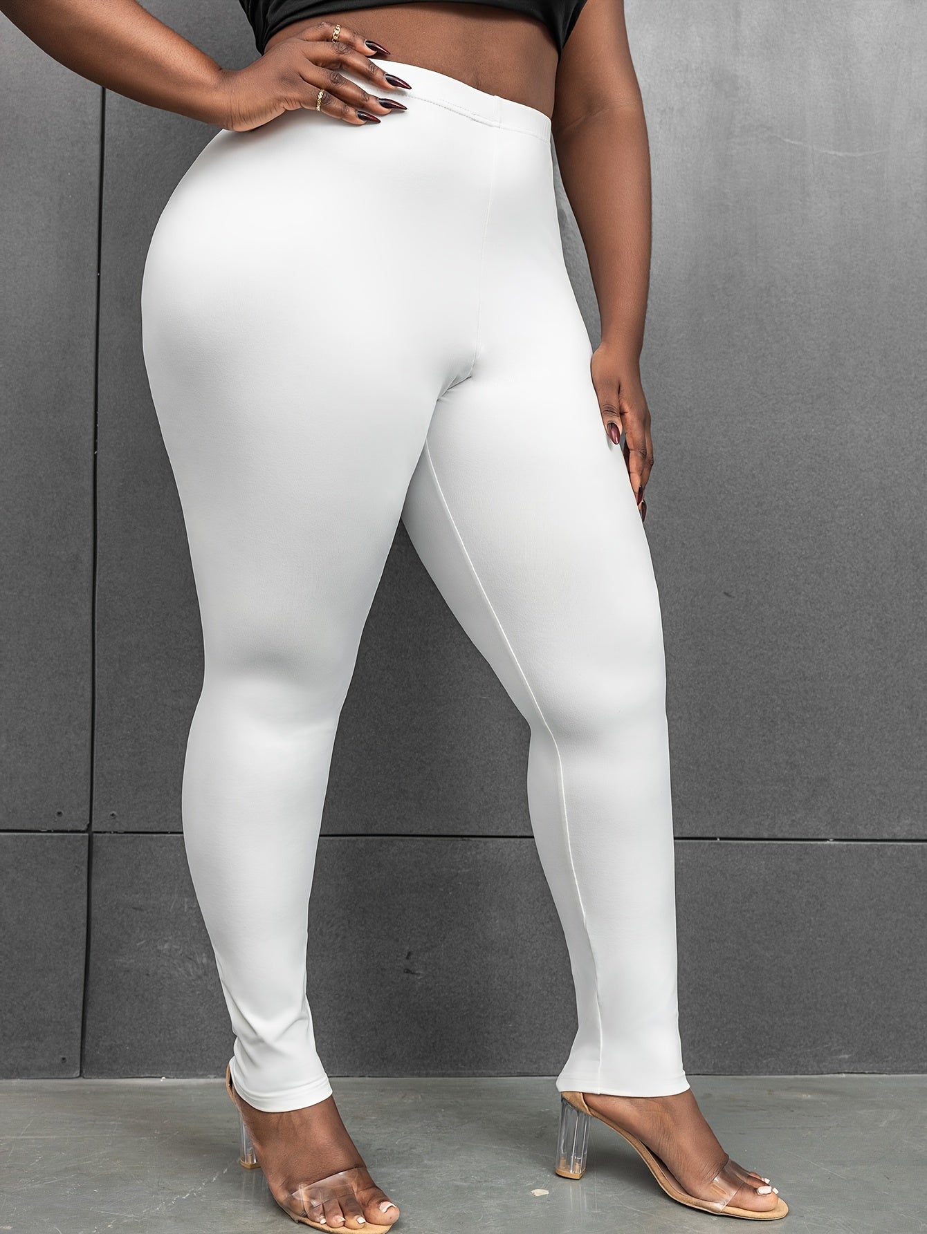 Plus Size High-Waisted Leggings Solid Color Non-See-Through Polyester Women
