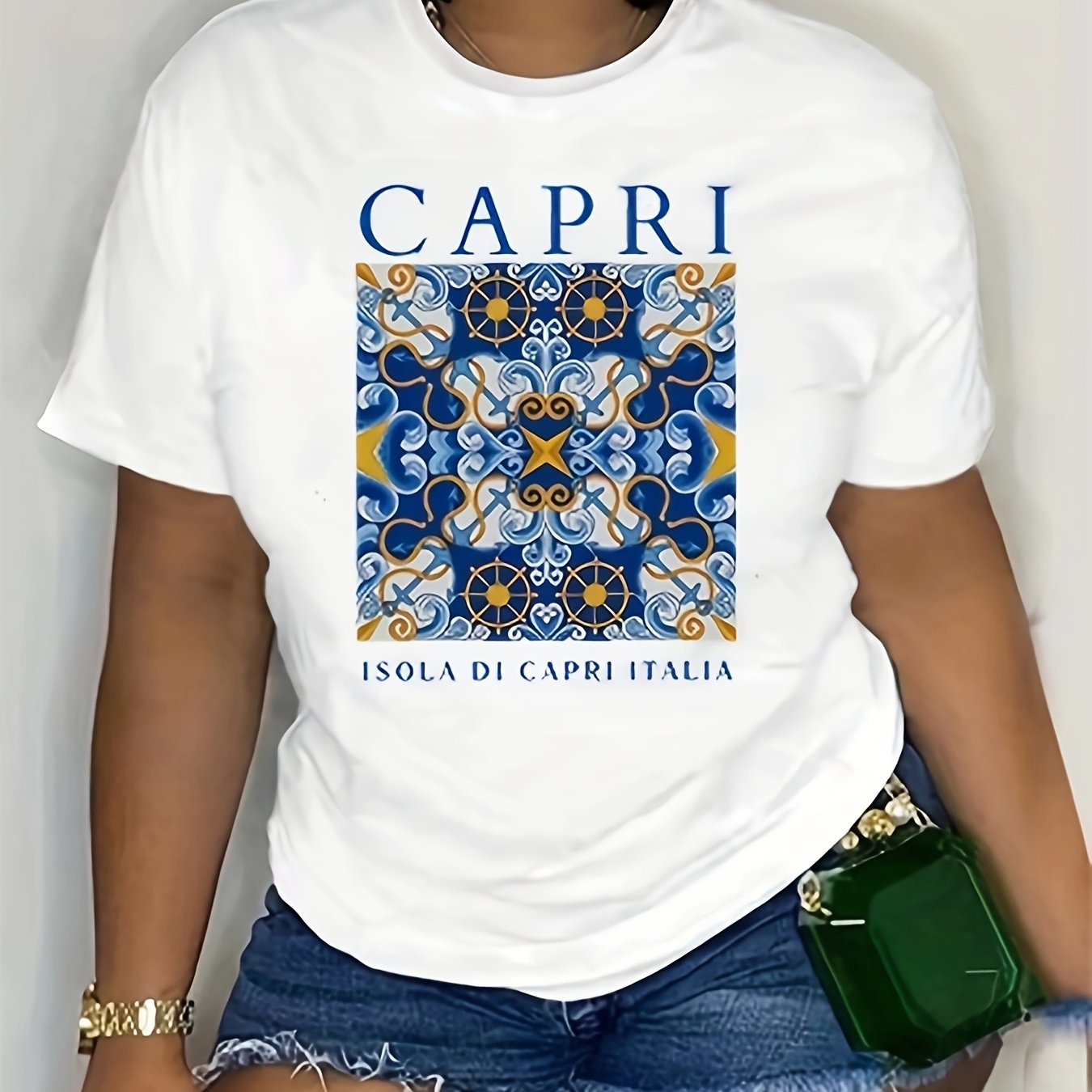Women's White Capri Print T-Shirt Casual Relaxed Fit Blue Golden Mandala