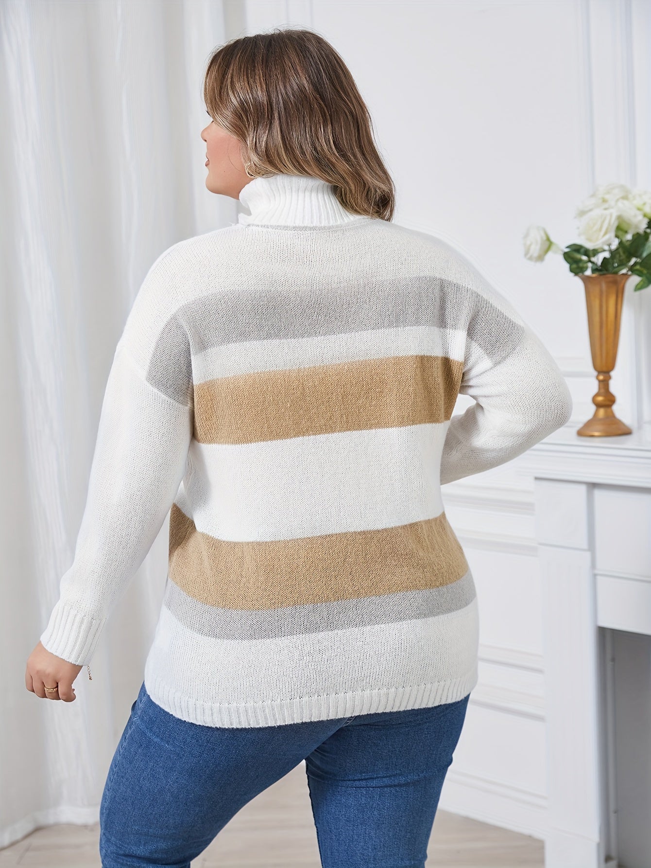 Women's Turtleneck Sweater Long Sleeve Loose Fit Striped Pullover Beige Black Fall Winter
