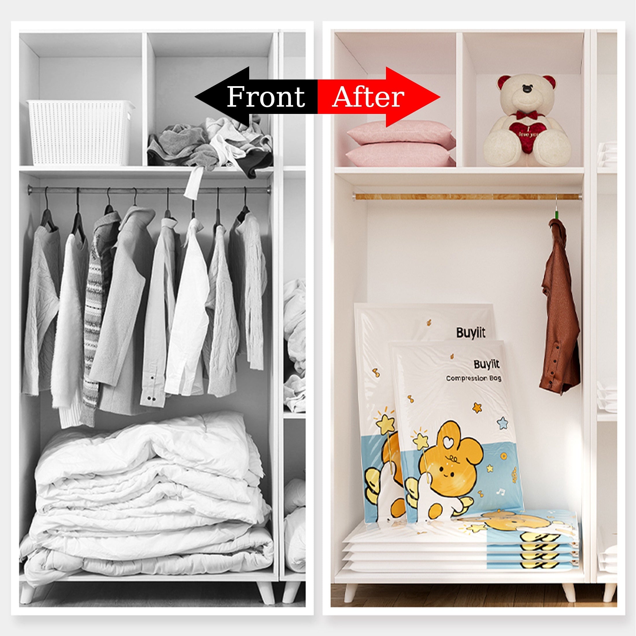 3 ta yurak bargi quyonli vakuum saqlash sumkallari to'plami, yostiq, kiyim, to'shaklar uchun, joyni tejash