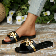 Women’s Black Synthetic Slip-On Flat Sandals with Bow Decor for Summer and Casual Wear