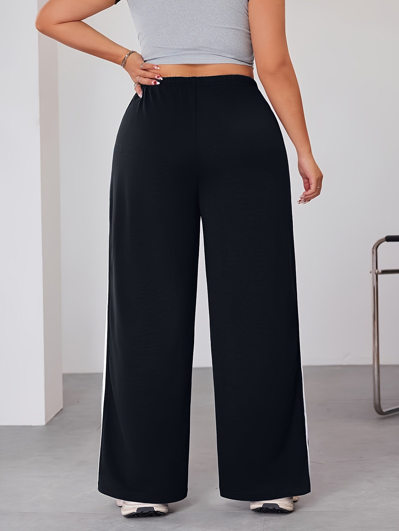 Plus Size Wide Leg Pants with Side Stripes Casual Joggers Stretchy All-Season