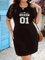 Plus Size Women's Short Sleeve T-Shirt Dress Polyester Knit Bodycon Alphabet Print