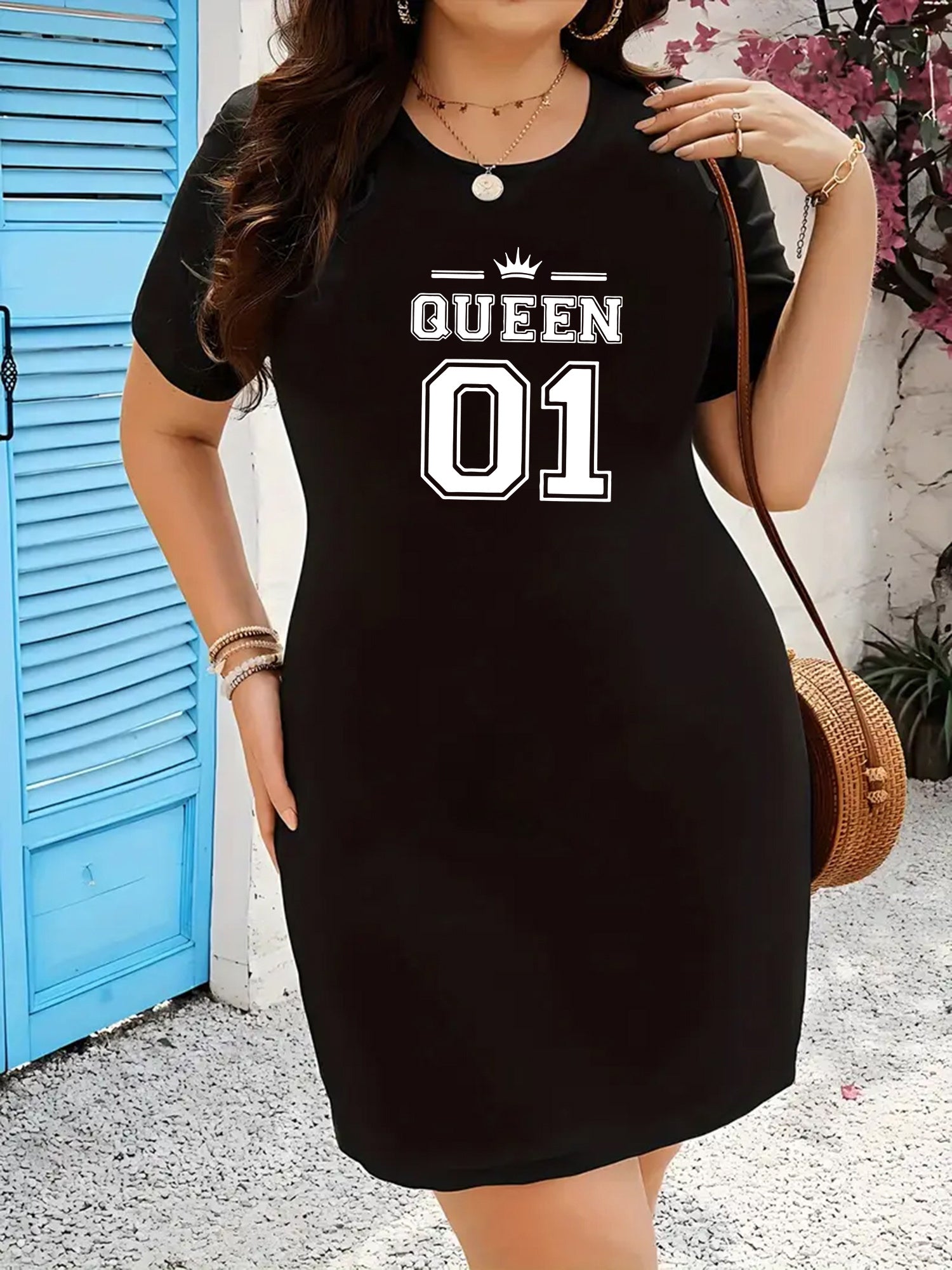 Plus Size Women's Short Sleeve T-Shirt Dress Polyester Knit Bodycon Alphabet Print