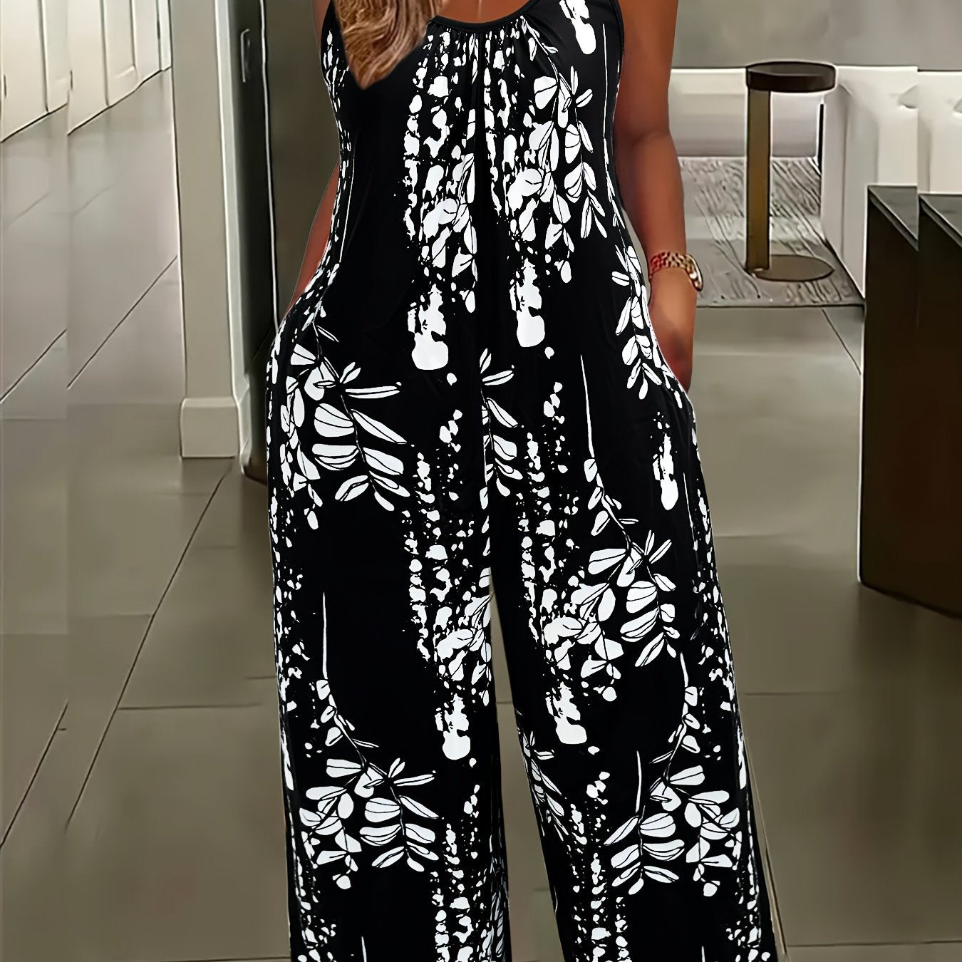Women’s Floral Print Jumpsuit Sleeveless Wide-Leg Plus Size-All Season