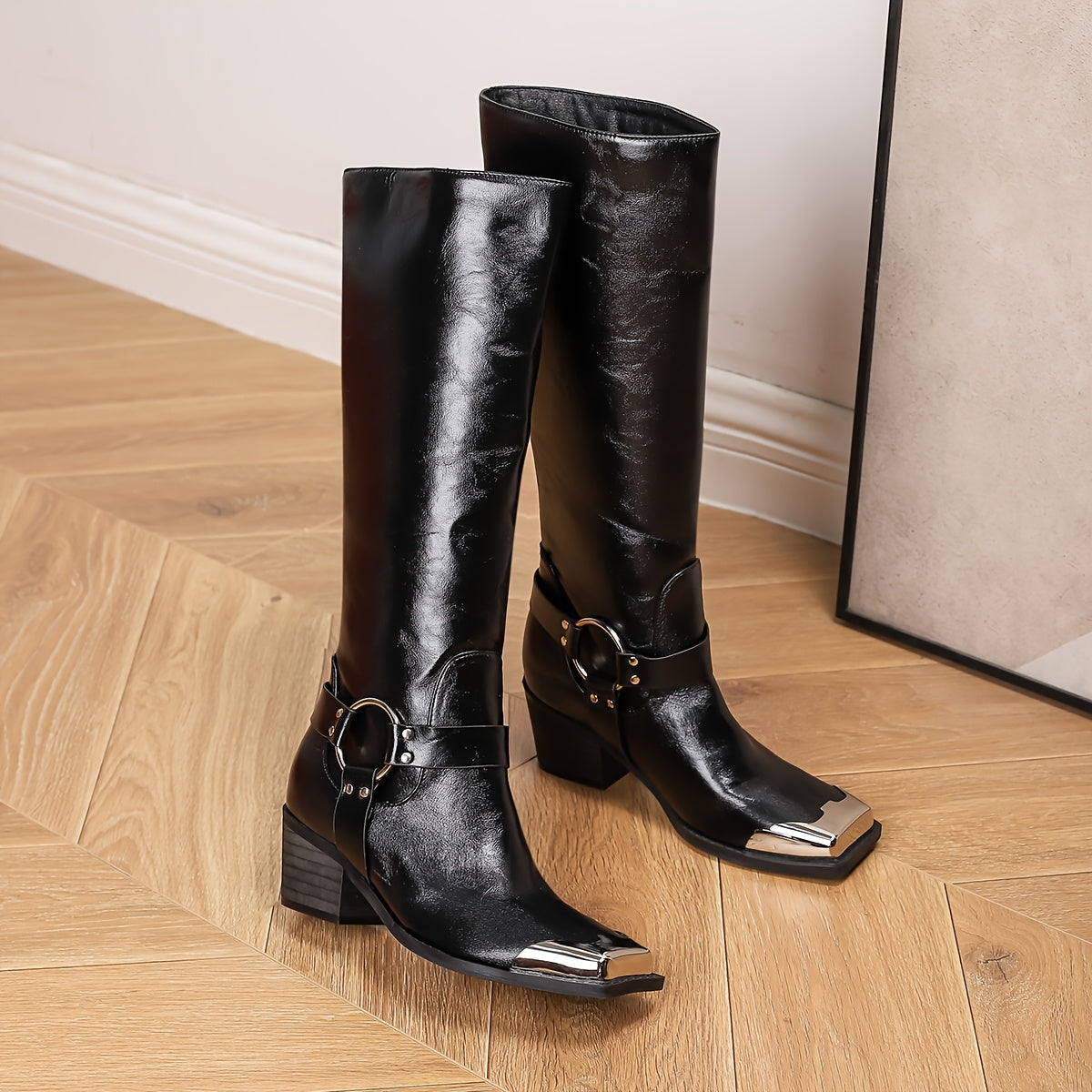 Women's Knee-High Leather Cowboy Boots with Chunky Heel and Wide Calf