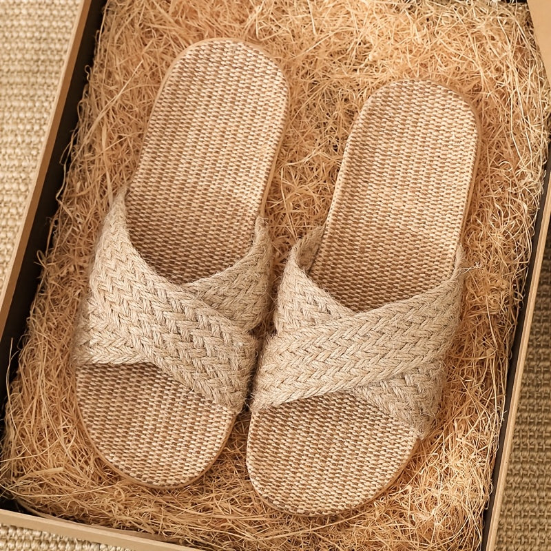 Women's Linen Slip-On House Slippers Non-Slip Indoor Outdoor Shoes Beige Brown Red