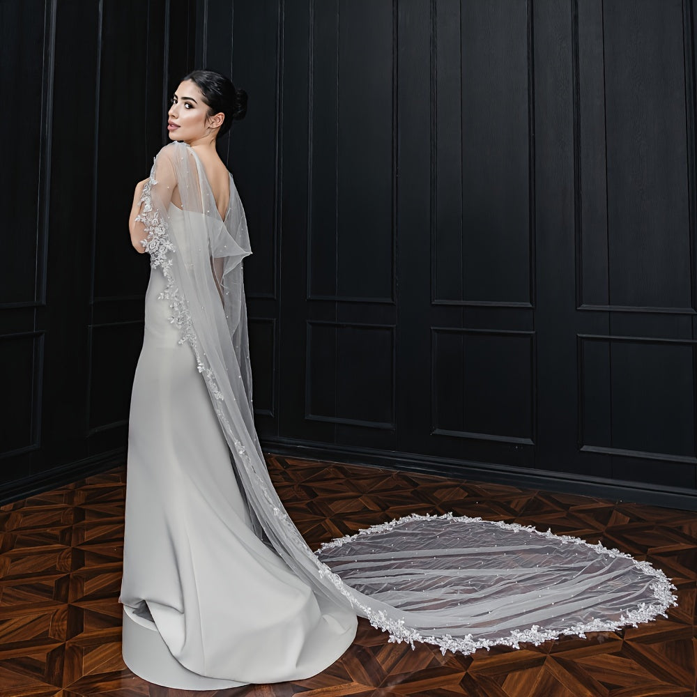 Lace Bridal Shawl Cape with Faux Pearl Decoration for Wedding Brides