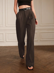 Ish va ofis kiyimlari uchun bir rangli, nafis yuqori bel straight leg shimlar.