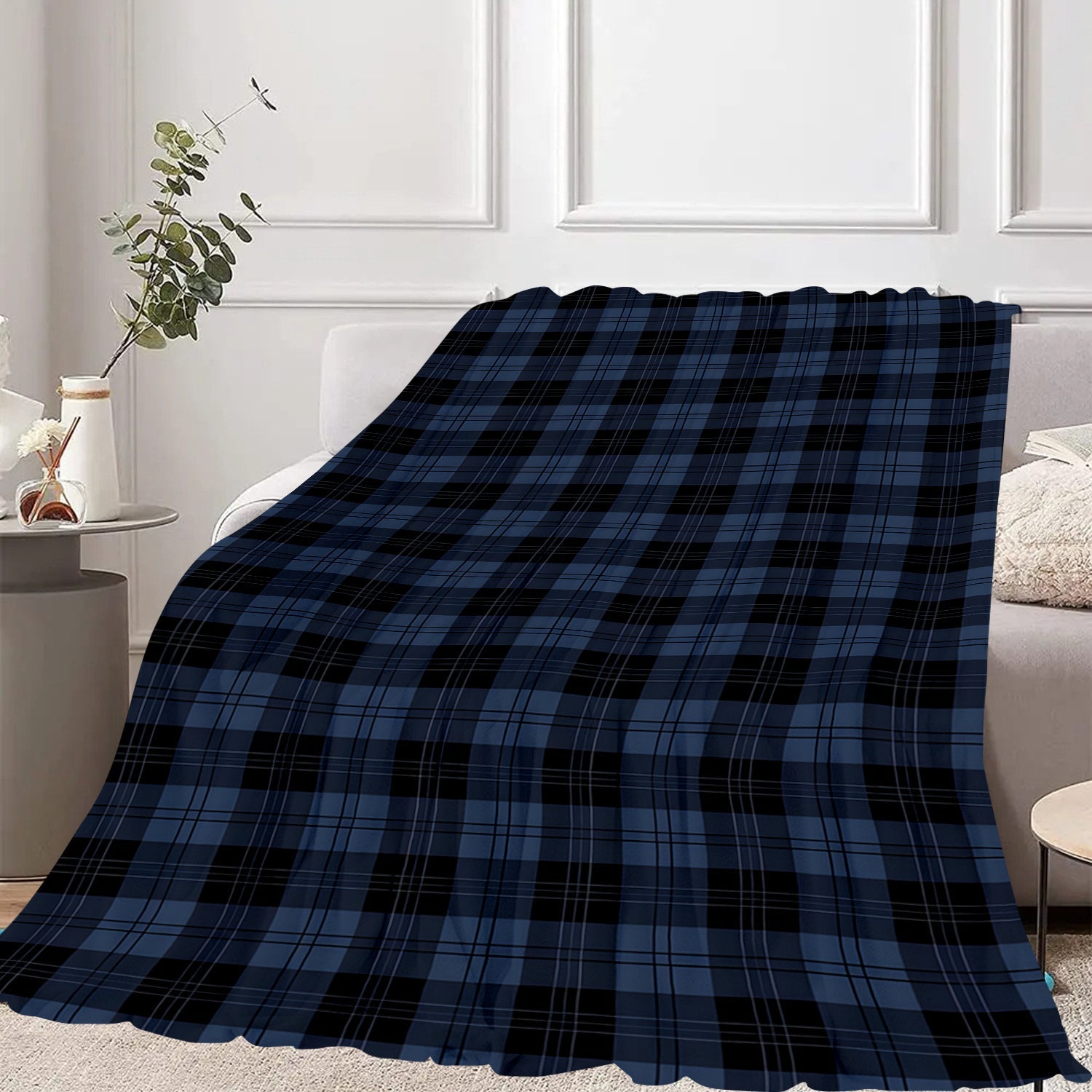 Navy Blue Geometric Plaid Flannel Fleece Blanket for Sofa Bed Travel