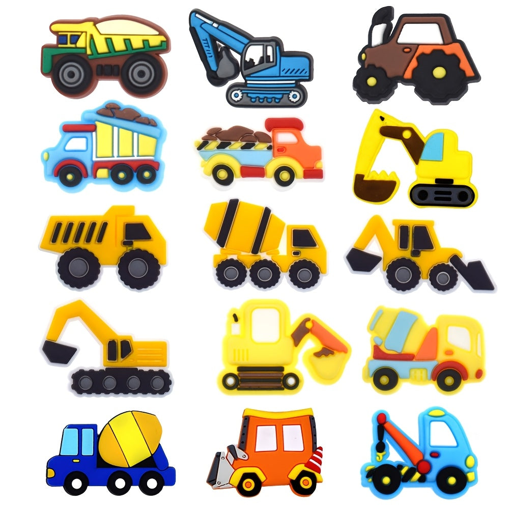15pcs Soft PVC Construction Vehicle Shoe Charms for Sandals and DIY Accessories