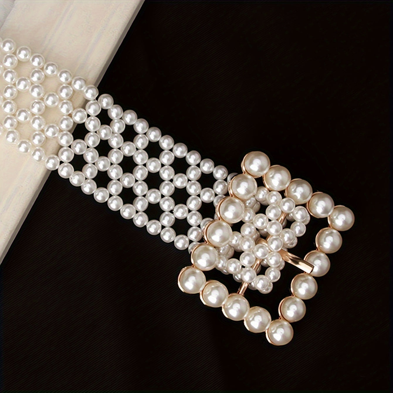 White Faux Pearl Belt for Women Adjustable Waistband with Hollow Out Design Dress Body Jewelry