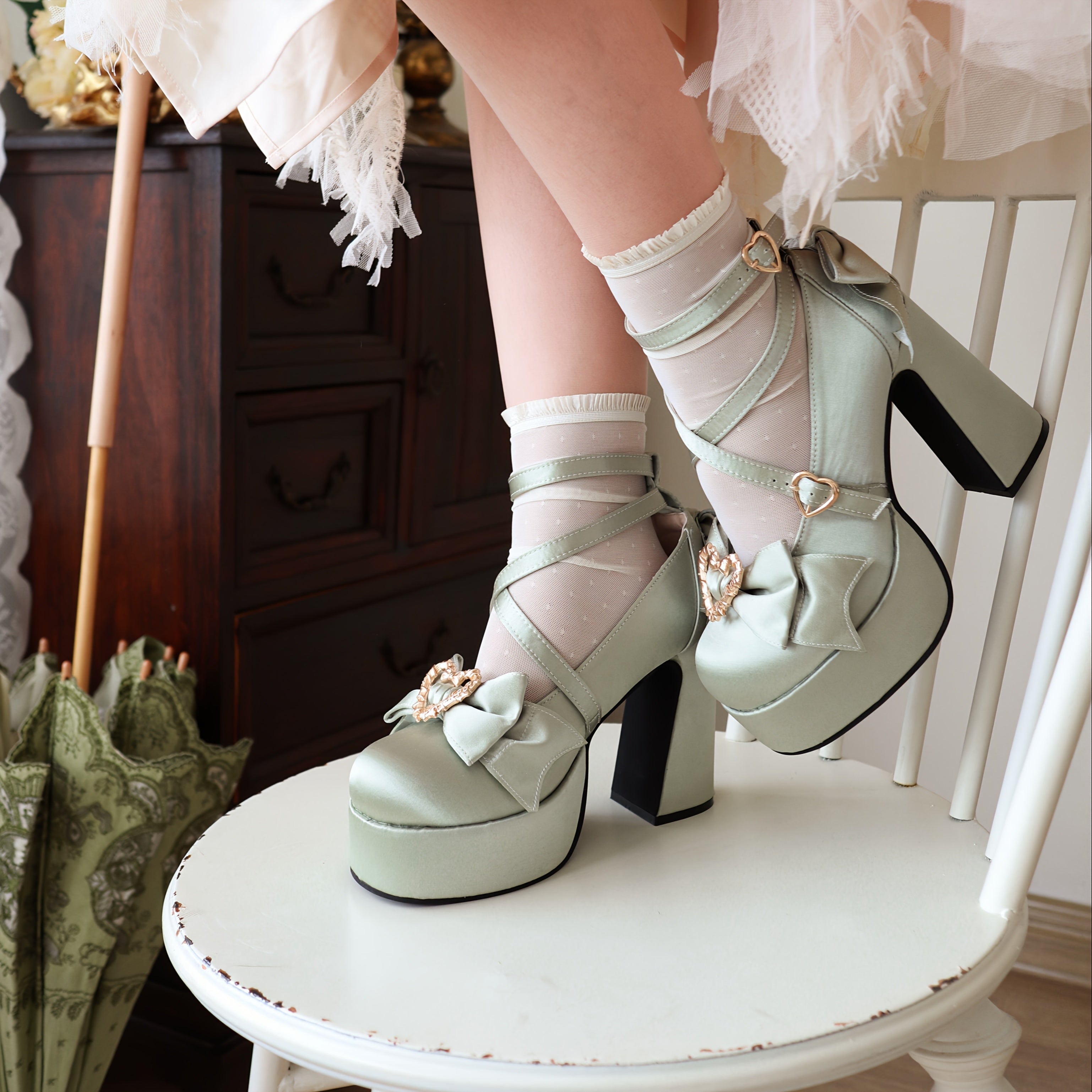 Women's Chunky Heel Pumps with Bow and Heart Buckle Fabric All-Season