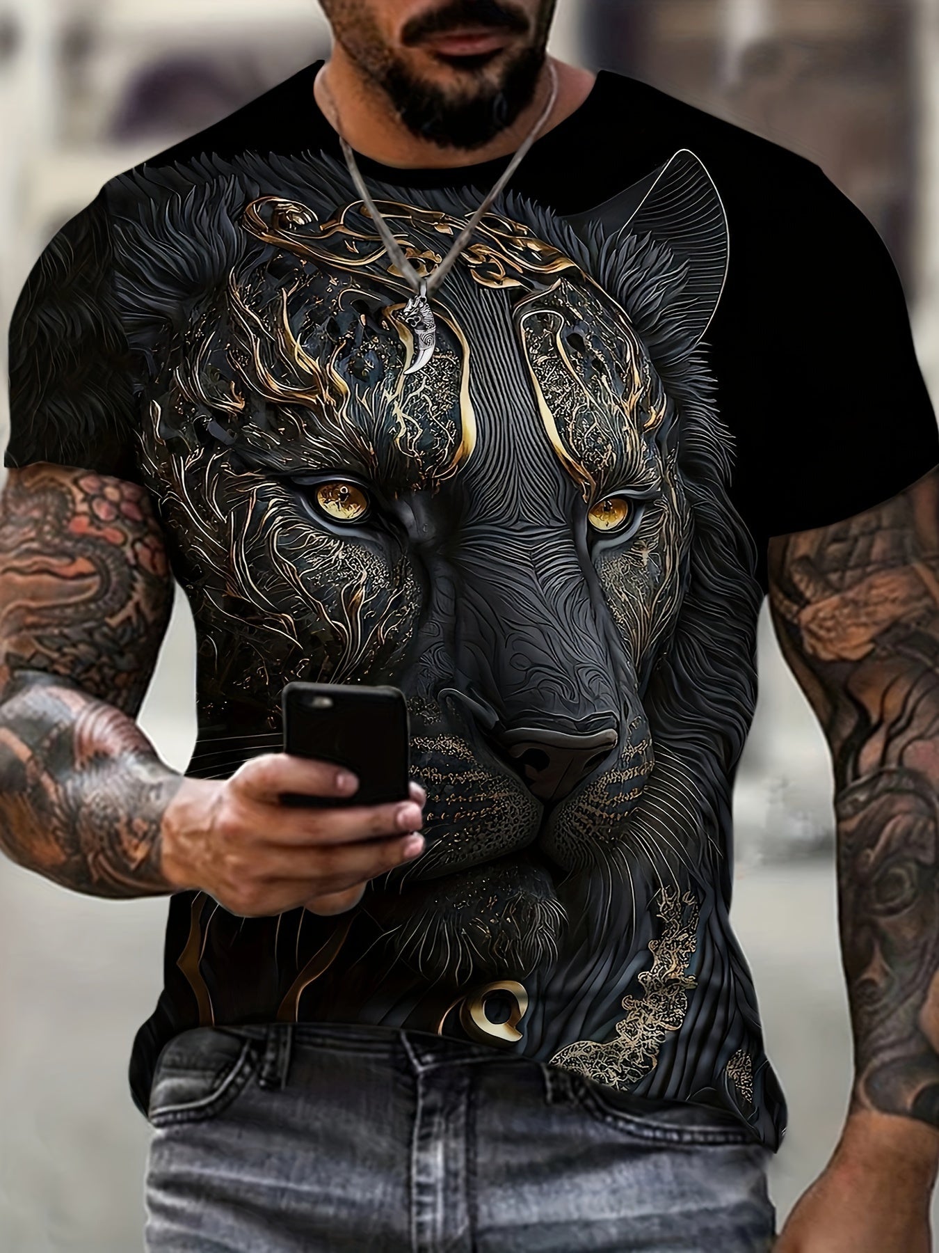 Men's Tiger Print T-Shirt Short Sleeve Crew Neck Polyester Spandex Casual Outdoor