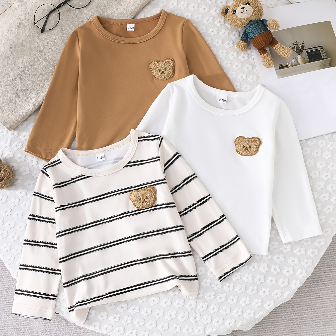 Kids Boys Three-Piece T-Shirt Set Long Sleeve Embroidered Bear Striped and Solid Colors