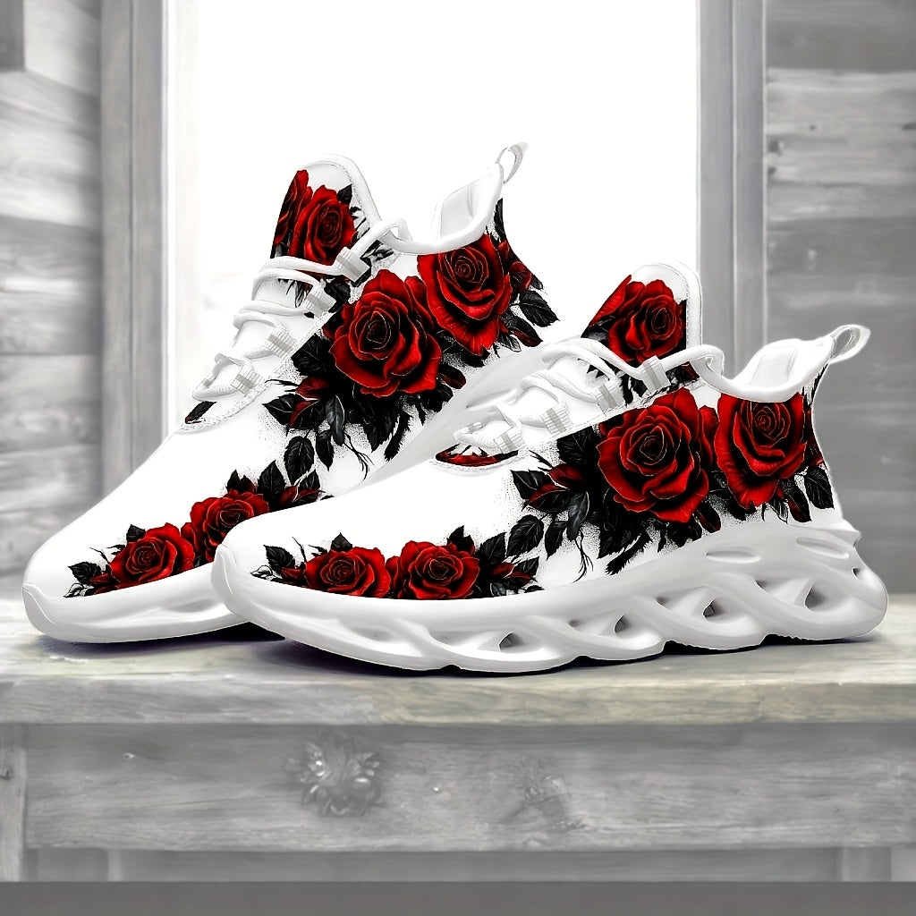 Plus Size Black Rose Sneakers Lightweight Cushioned Support Breathable Fabric All-Season