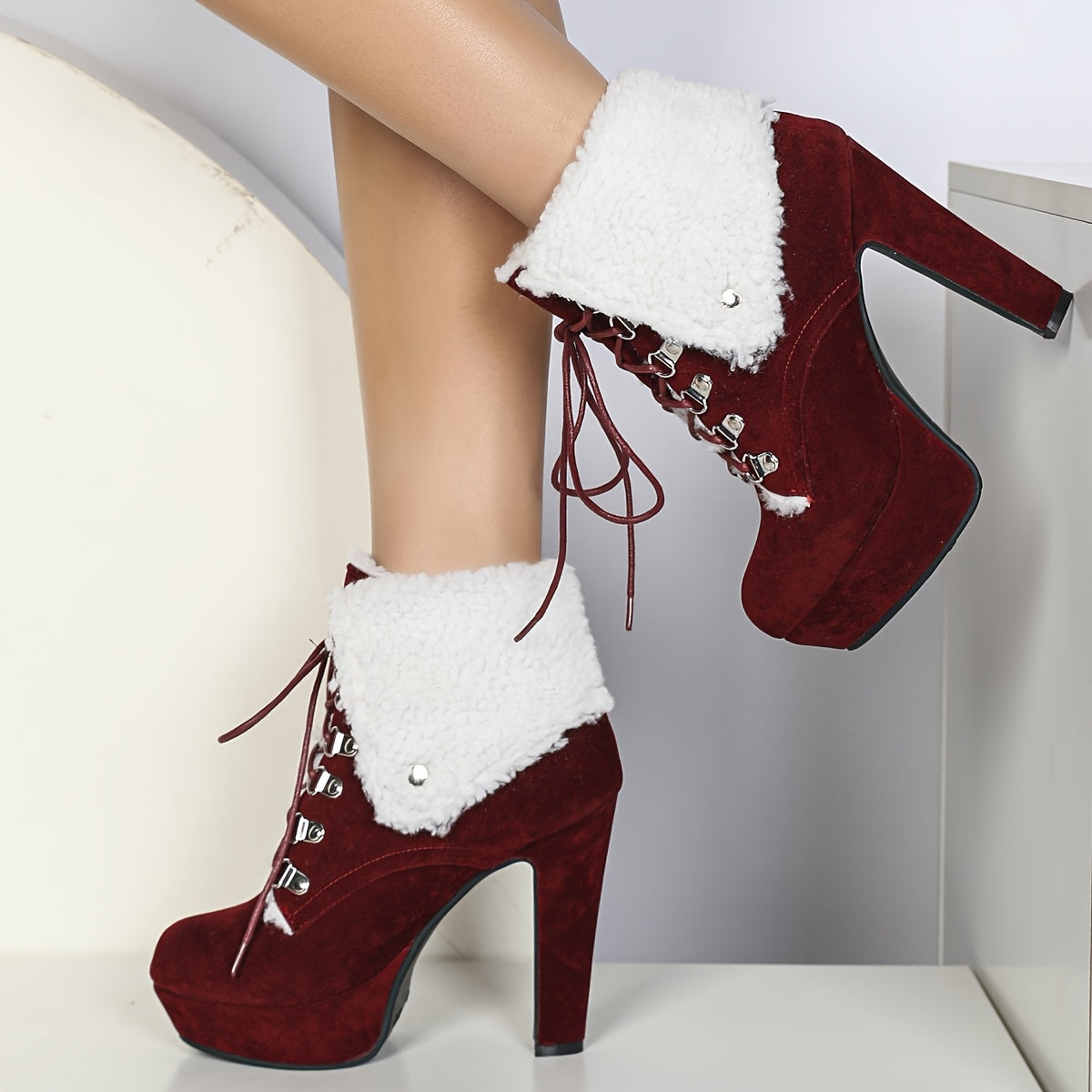 Women Faux Fur-Lined Ankle Boots Round Toe Block Heel Winter Snow Boots