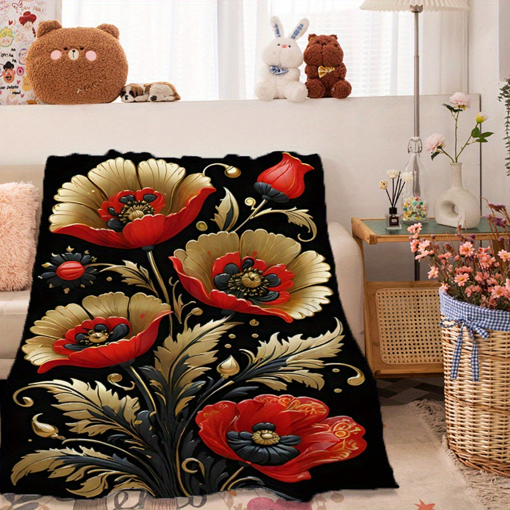 Floral Printed Fleece Throw Blanket for Living Room Bedroom Sofa All-Season Durable Polyester
