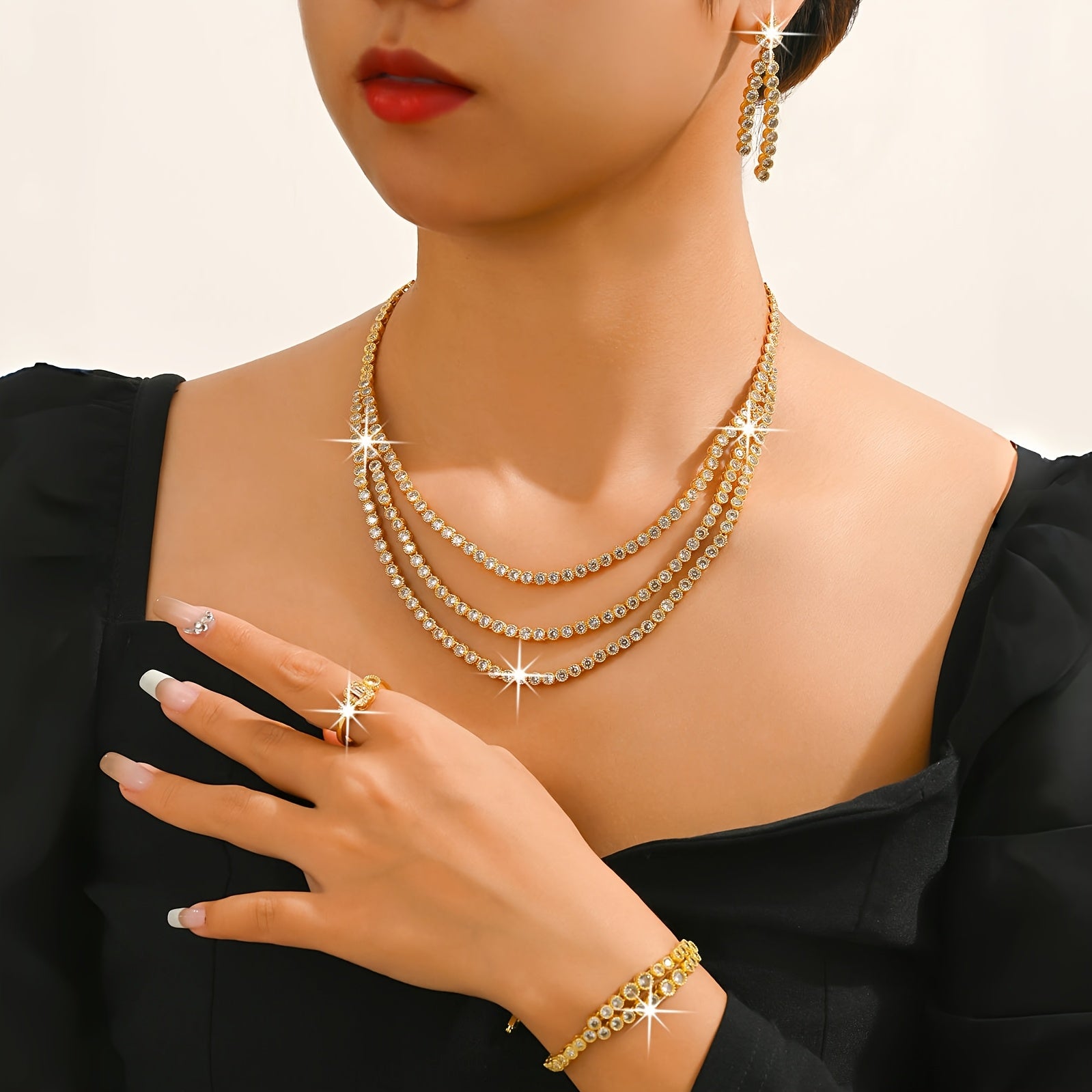 Набор роскошных ювелирных украшений из 5 предметов - с позолотой из меди 18K и синтетическими циркониевыми камнями, этот элегантный набор включает ожерелье, браслет, серьги и кольцо, идеально подходит для свадеб и подарков круглый год.