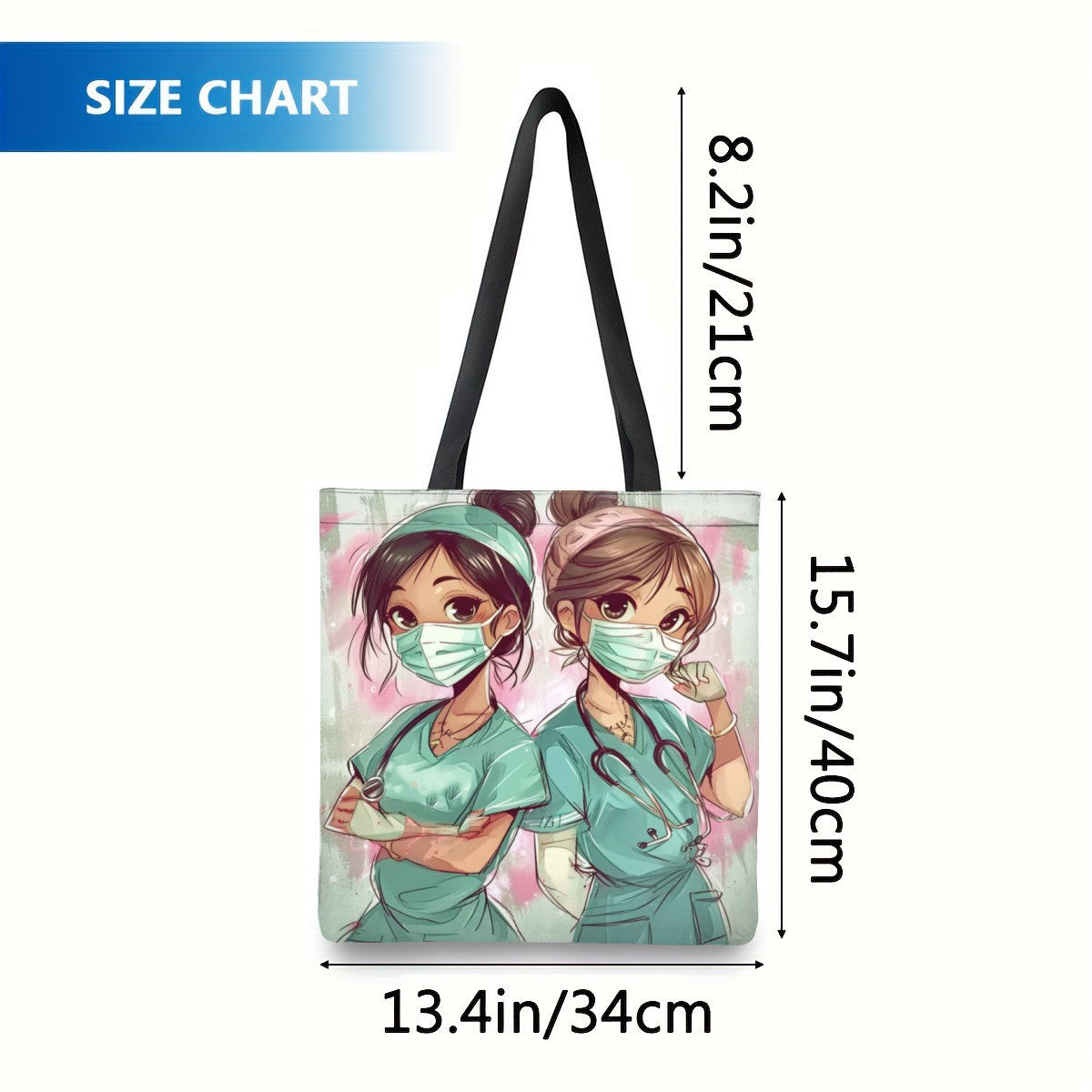 Large Capacity Shoulder Bag with Cartoon Nurse Print for Shopping and Daily Use