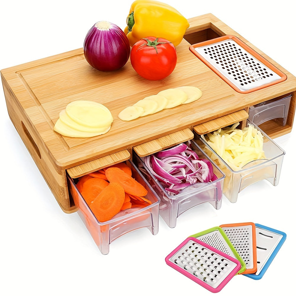 Bamboo Chopping Board with Drawer Containers and Juice Grooves Kitchen Organizer