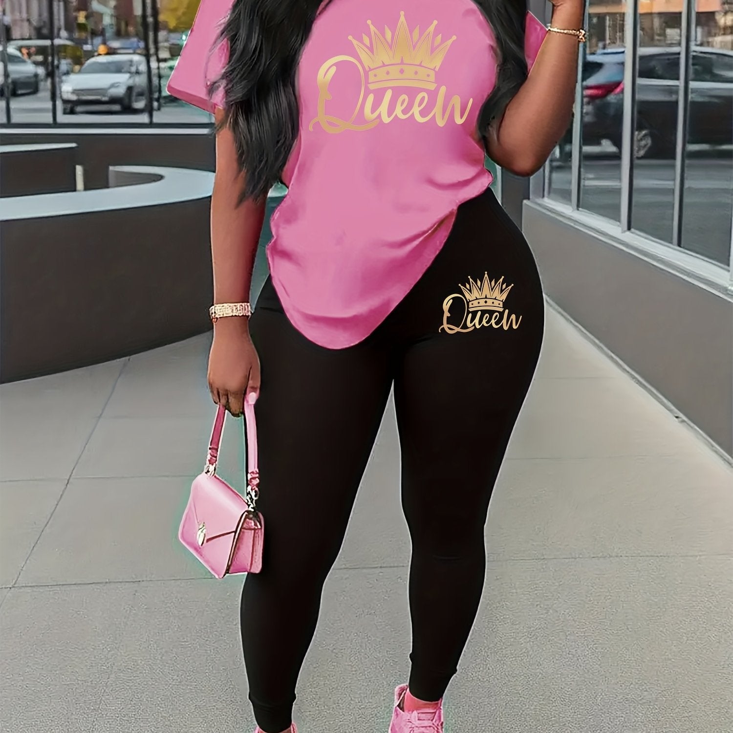 Women's Sports Short Sleeve Suit Crown Print 2pcs Set Elastic Casual