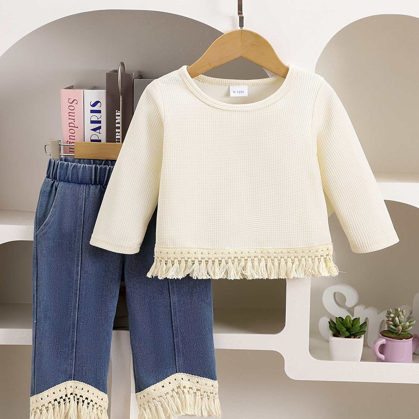 Girls' Fall Winter Tassel Top and Pants Set Long Sleeve Polyester Blend Casual 0-3 Years