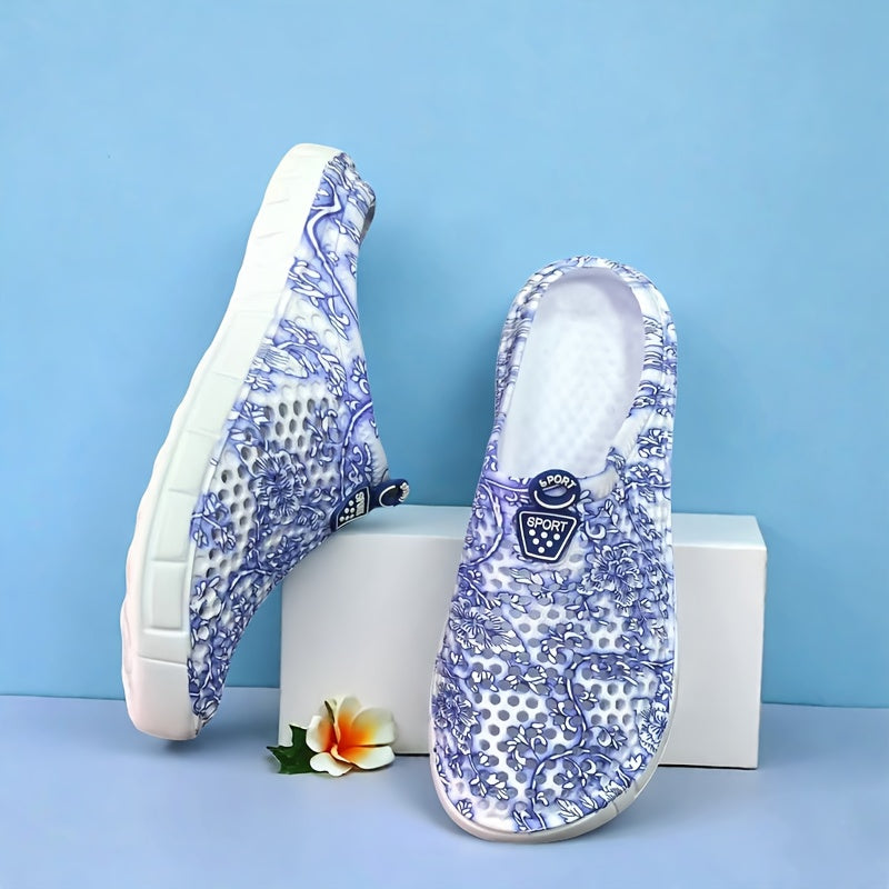 Women’s Breathable EVA Clogs Blue and White Porcelain Design Slip-On Shoes