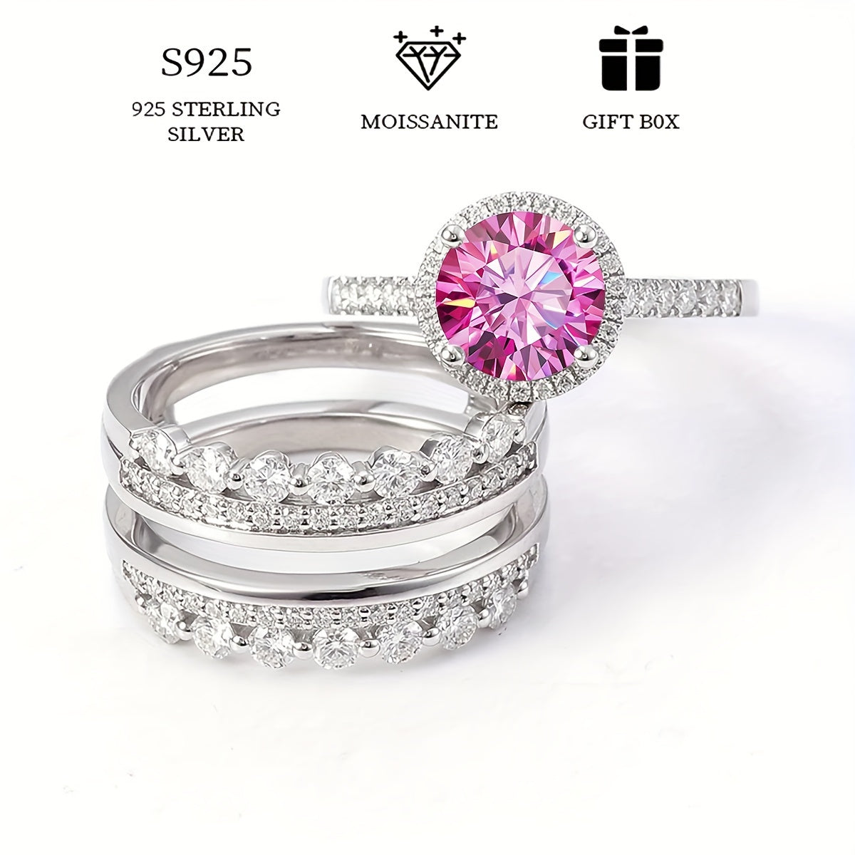 Set of 2 Silver Stacking Rings with 2ct Colorful Moissanite for Women