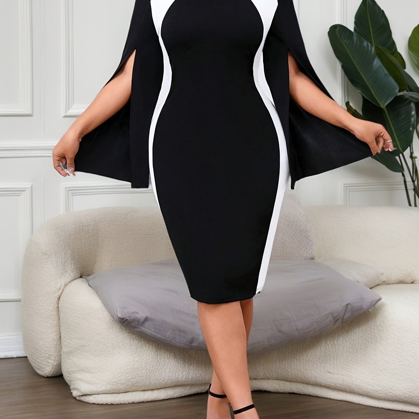 Plus Size Women's Color Block Cape Sleeve Bodycon A-Line Dress Summer Party Wear