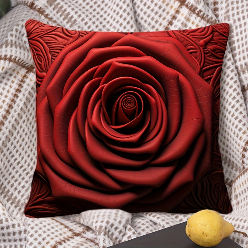 Valentine's Day Red Rose Pillow Cover with Floral Heart Design Polyester Blend Zippered Cushion Case for Sofa Bed Office Decor