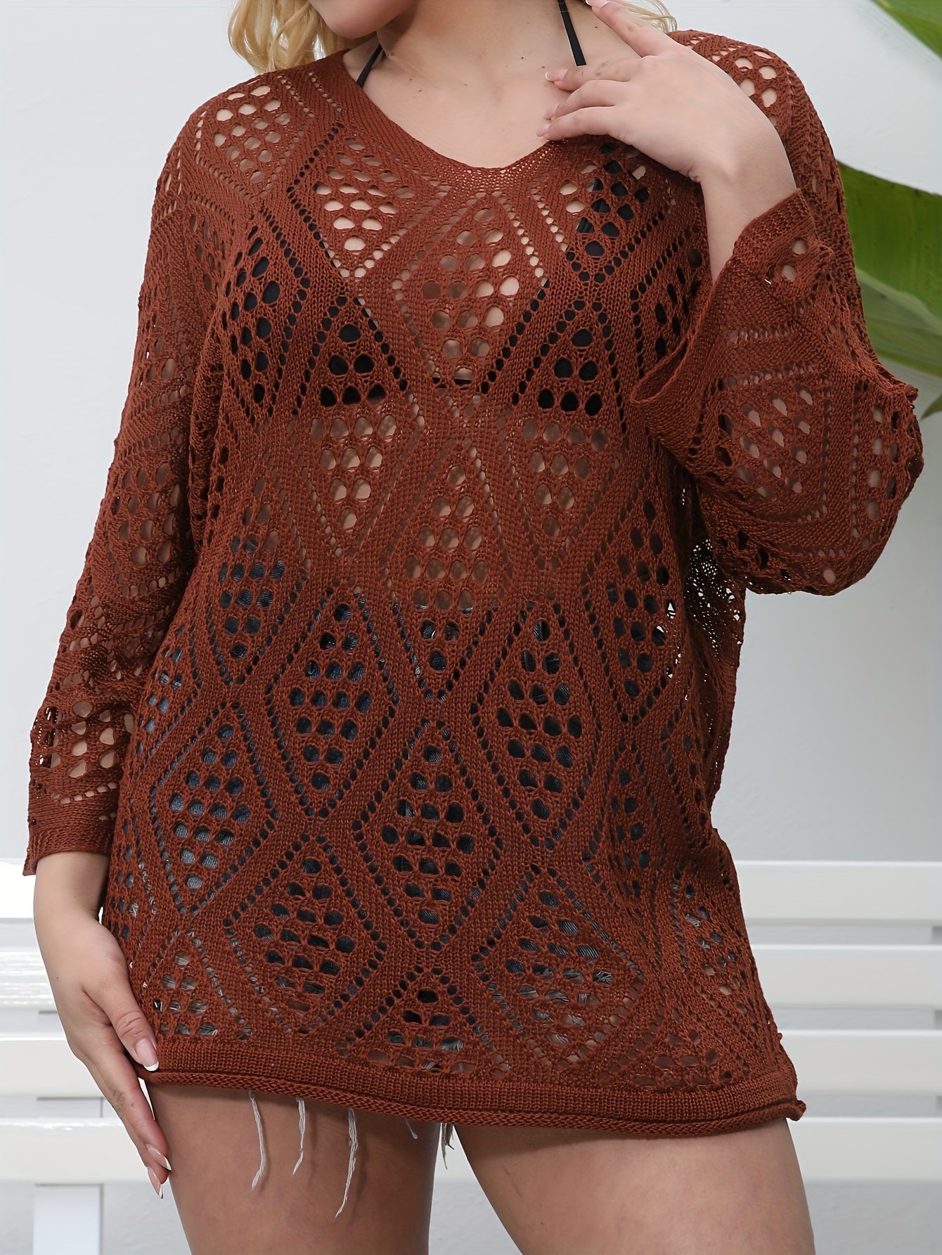 Plus Size Women's Summer Crochet Sweater Short Sleeve Loose Fit Brown Top