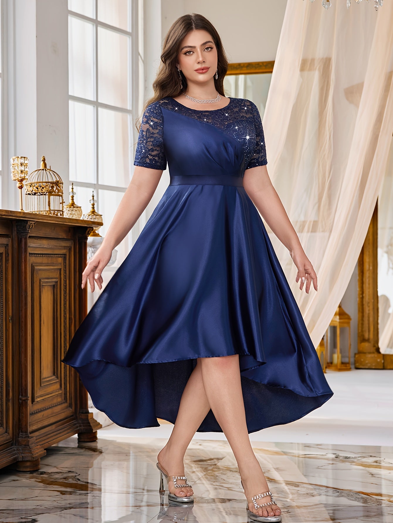 Plus Size Lace Dress with Sequins Blue Sleeveless Knee-Length