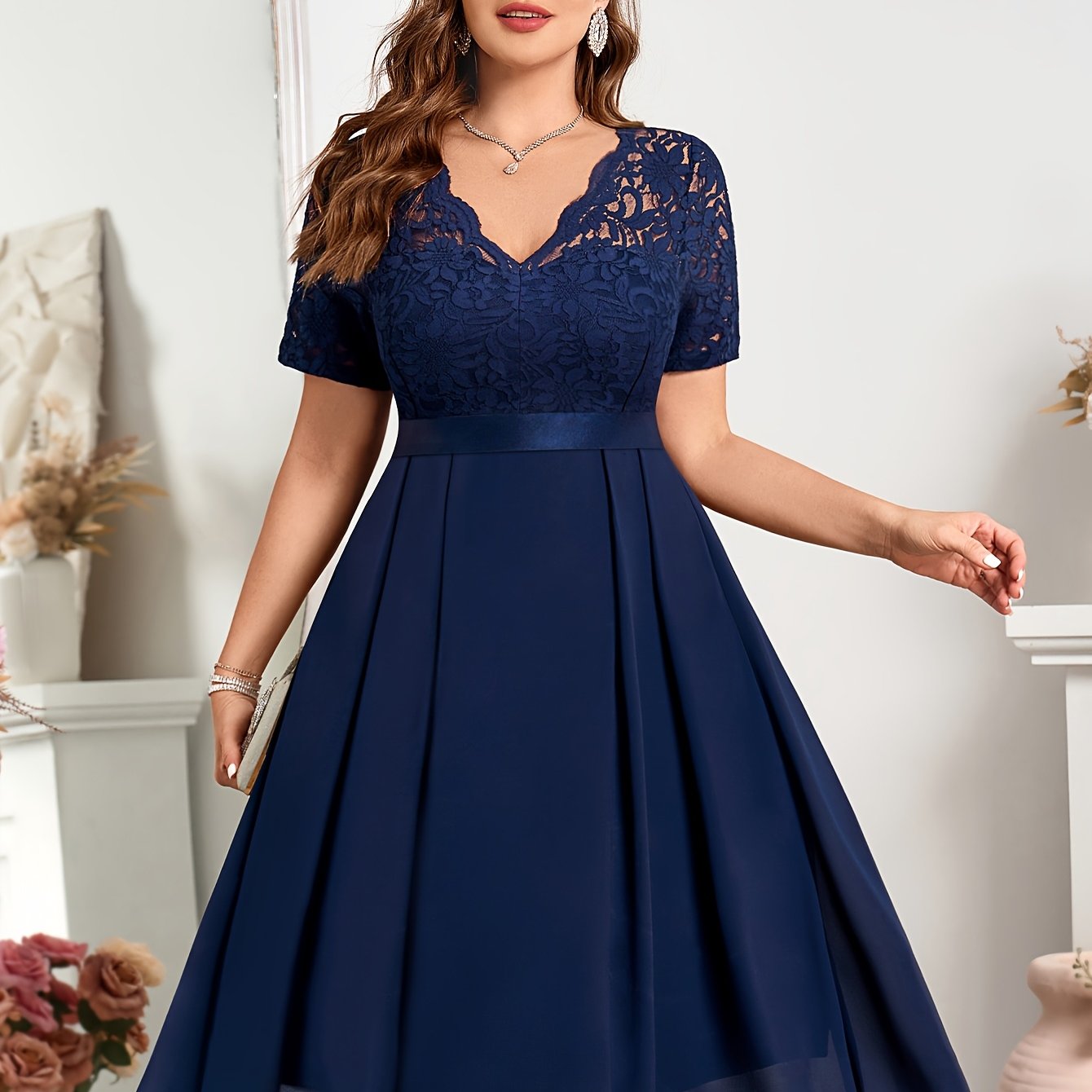 Plus Size Lace V-Neck Chiffon Dress for Women Short Sleeve Green