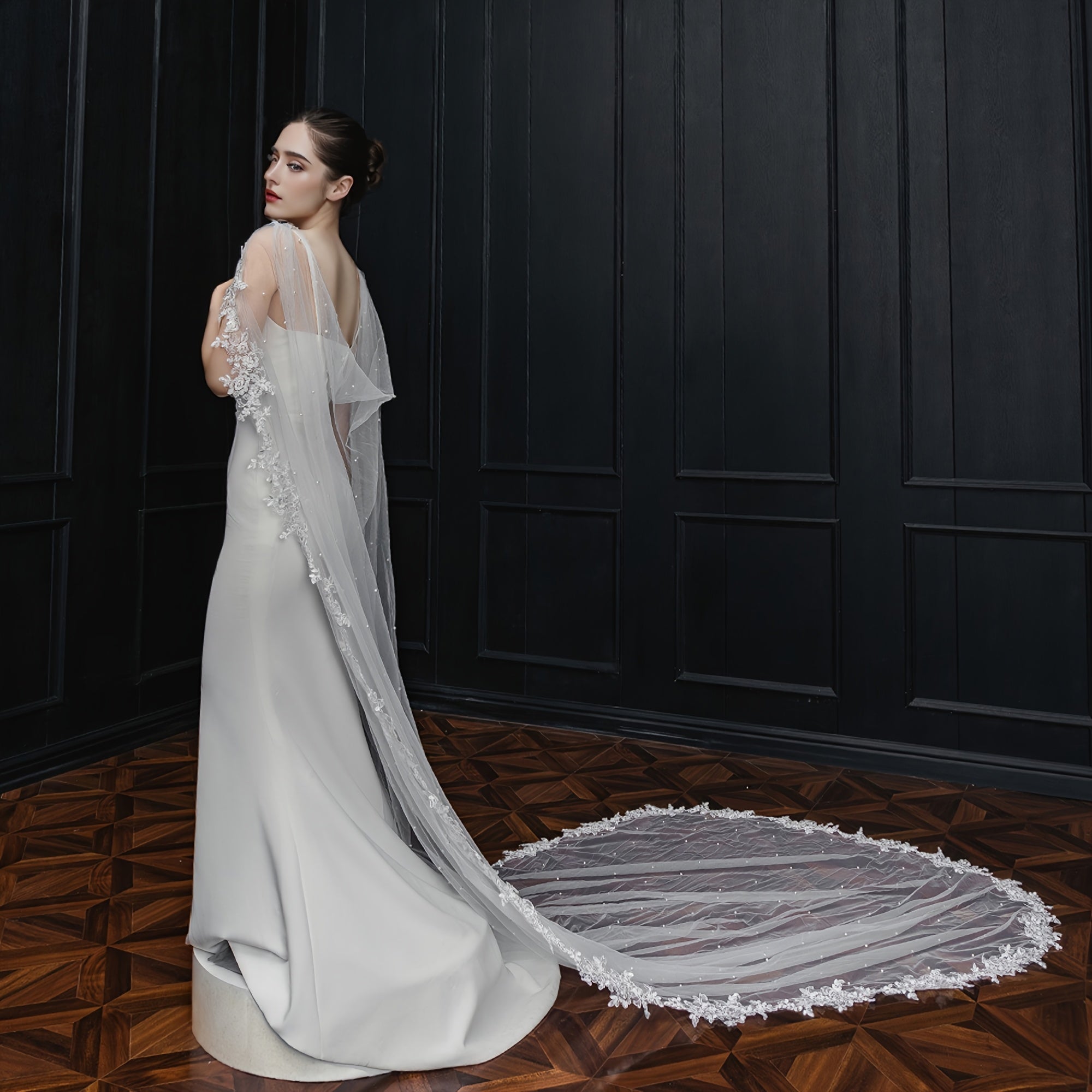 Handcrafted Bridal Wedding Veil with Beading and Lace Trim for Weddings