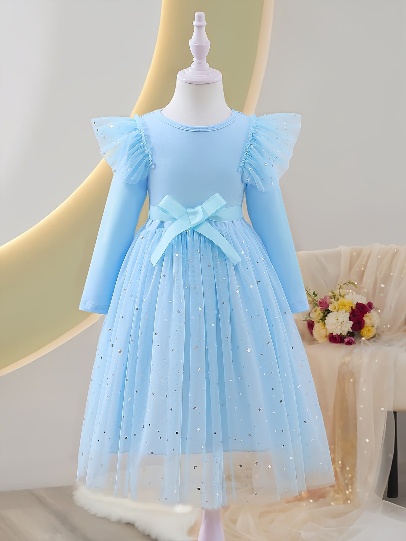 Girls Long Sleeve Tulle Hem A-line Dress for Spring Fall Casual Party Outdoor