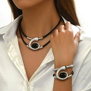 Conjunto de joyería de cuerda trenzada de imitación de PU negro con collar y pulseras de espiral geométrica para mujeres