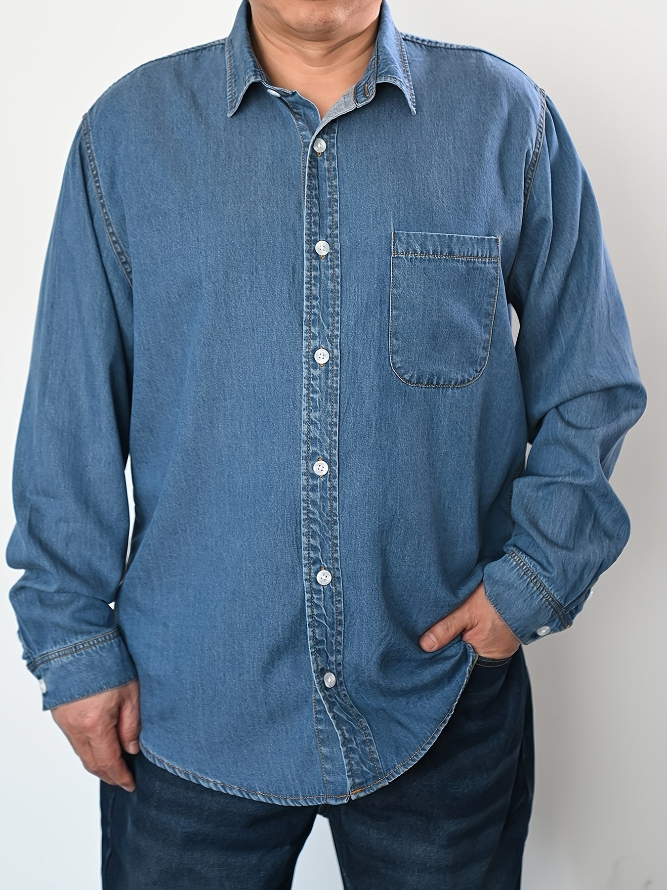 Men's Plus Size Denim Shirt Casual Woven Solid Color Button-Front Breathable Spring Fall Outdoor