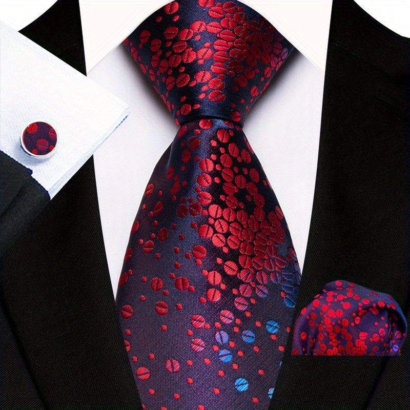 Men's Floral Plaid Necktie and Handkerchief Clip Set for Business and Weddings